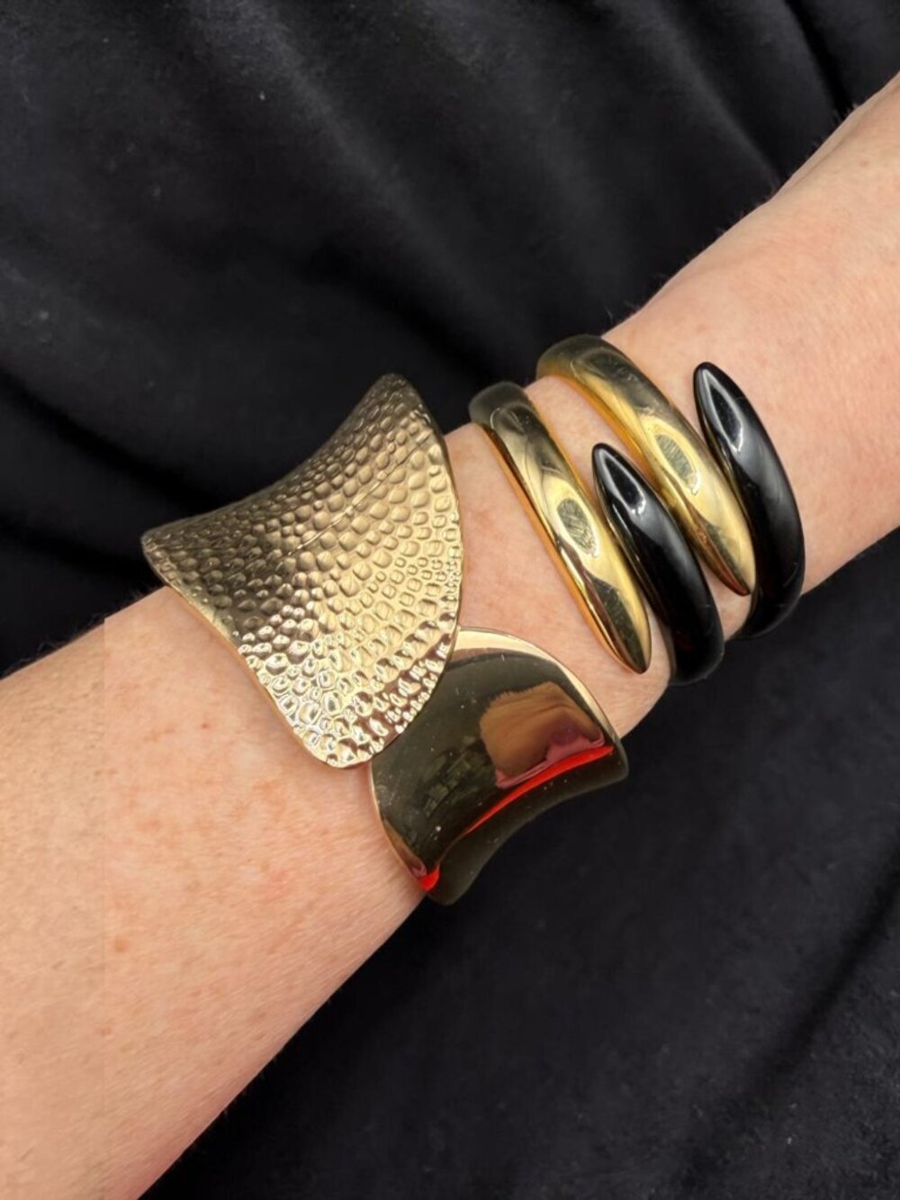 Vintage Gold Cuff Bracelet Lot Sculptural Textured Black Enamel 80s Statement